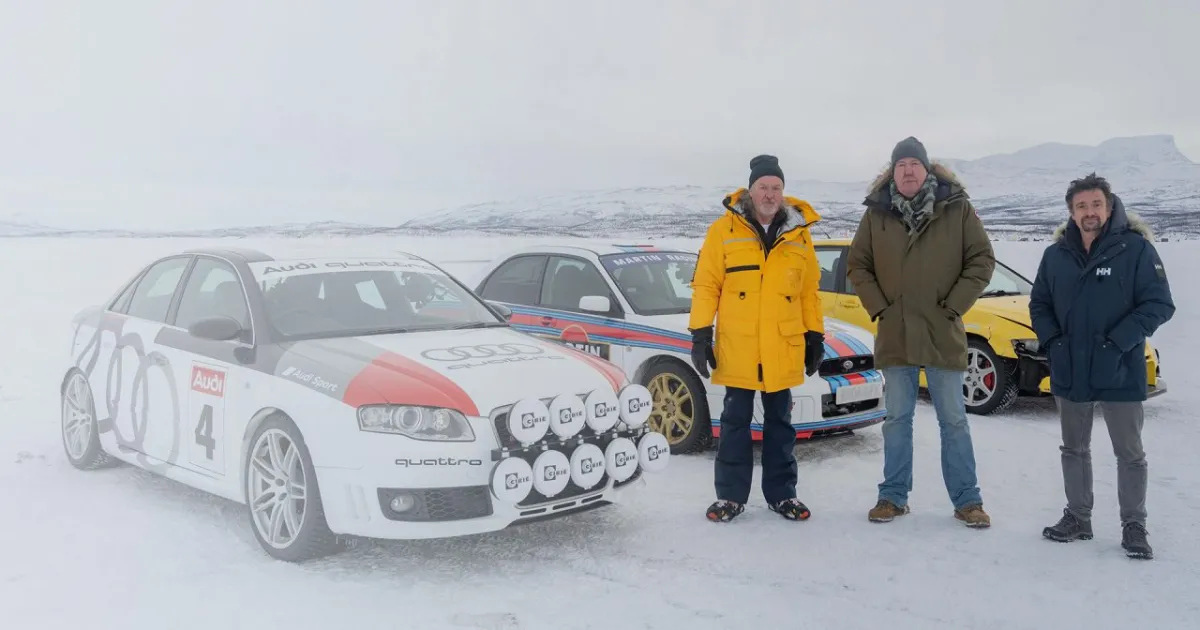 Apresentadores da série The Grand Tour no especial chamado "The Scandi Flick"