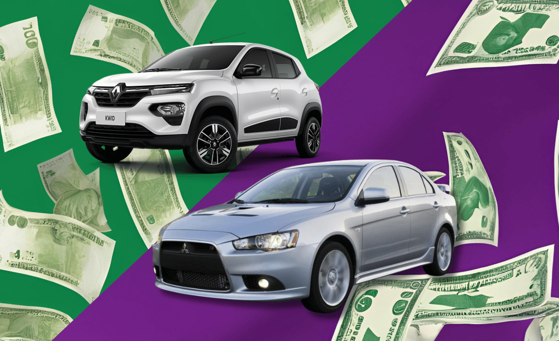 Renault Kwid E Lancer em fundo colorido com dinheiro